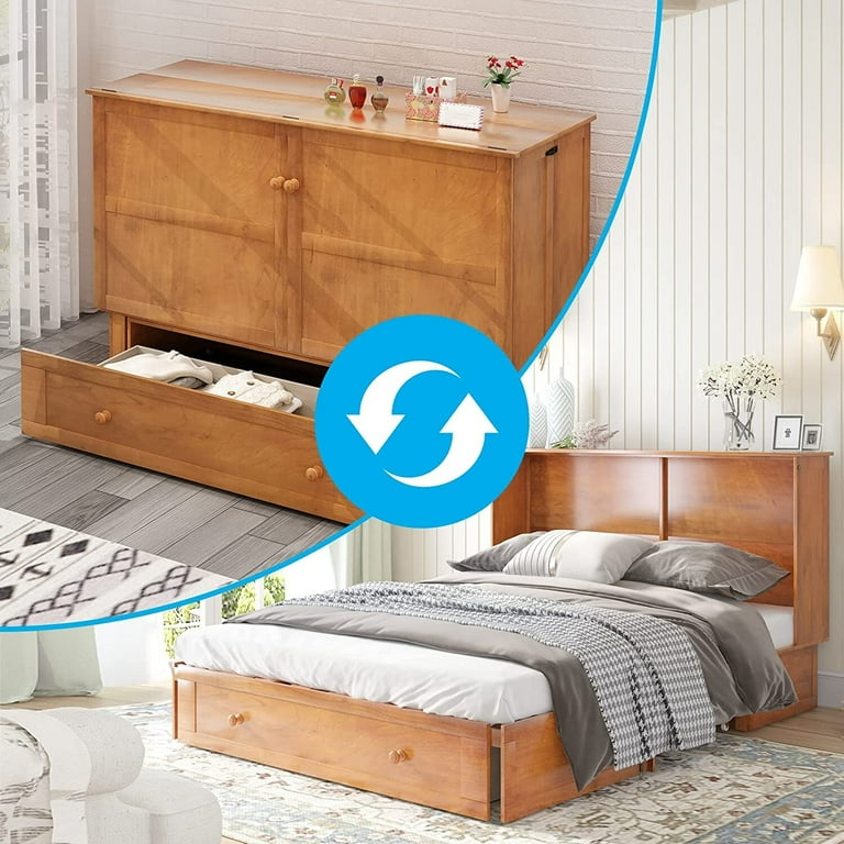Mixoy Modern Cabinet Bed Murphy Bed with Trifold Mattress Russet Brown