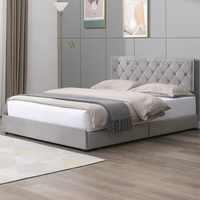 Mixoy Modern King Size Platform Bed Frame with 4 Large Drawers and