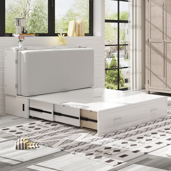 Mixoy Murphy Bed Cabinet Bed Chest with Mattress & Drawer White