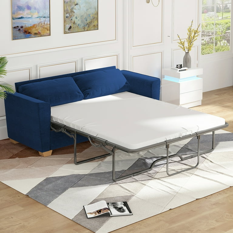 Mixoy Pull Out Sofa Bed Loveseat Sleeper Sofa Bed with Memory Foam Mattress 2 in 1 Pull Out Couch for Living Room Small Spaces Queen Blue