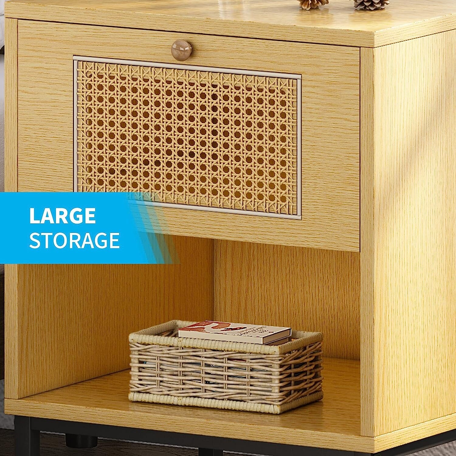 Mixoy Rattan Nightstand with Shelf, Functional Bedside Table with