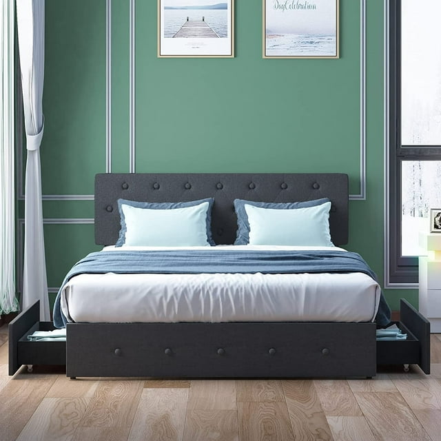 Mixoy Upholstered Platform Bed Frame with 4 Built-in Storage Drawers & Adjustable Headboard Dark Grey - King