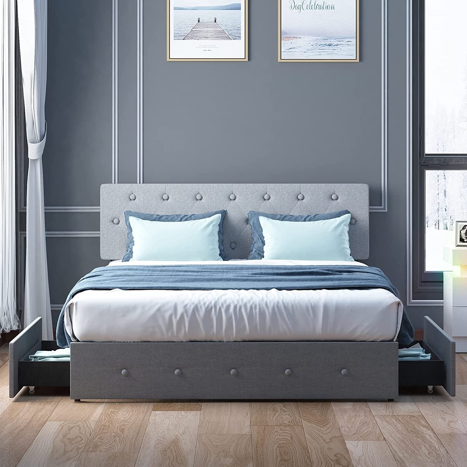 Mixoy Upholstered Platform Bed Frame with 4 Built-in Storage Drawers ...