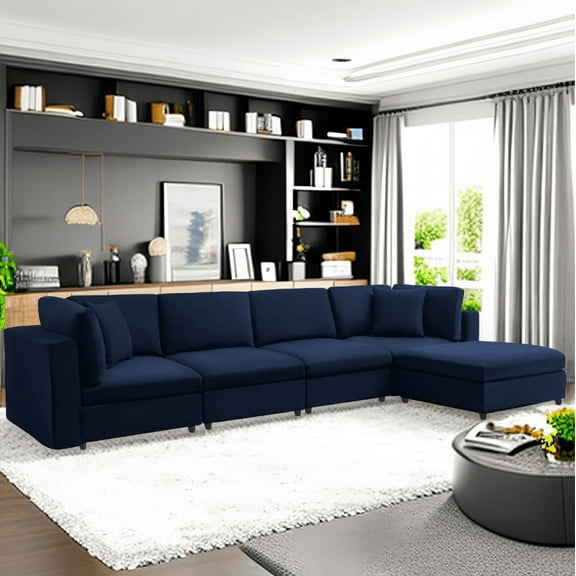 Mixoy Velvet Convertible L-Shaped Sectional Sofa Couch with Movable Ottoman, Oversized Modular Convertible Sectional Sofa Couch Set with Storage for Living Room,Office,Navy Blue