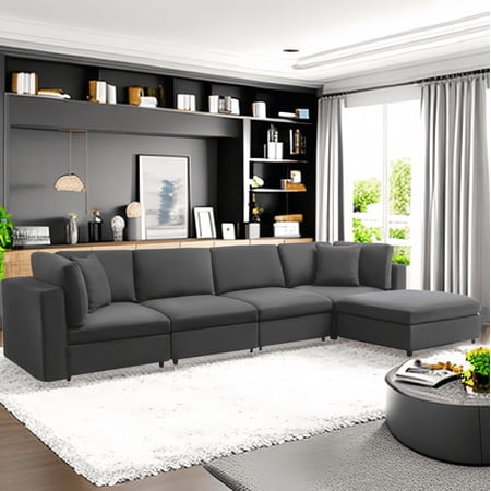 Mixoy Velvet Convertible L-Shaped Sectional Sofa Couch with Movable Ottoman, Oversized Modular Sectional Sofa Couch Set for Living Room,Dark Gray
