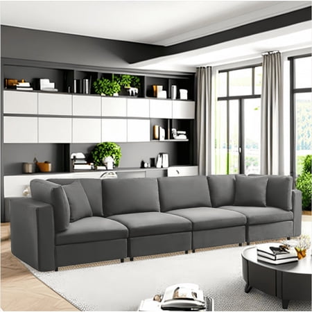 Mixoy Velvet Large 4 Seater Sofa Couch with Backrest Pillow, Light Grey