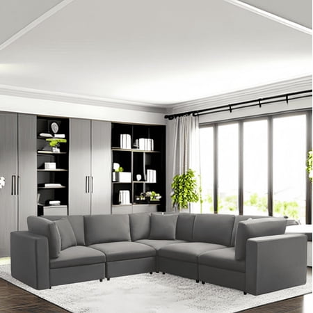 Mixoy Velvet Large L-Shaped Sectional Sofa with Back Cushion,5-Seater Convertible Modular Sofa and Couch,Oversized Sleeper Sofa Couch Bed for Living Room ( Light Grey)