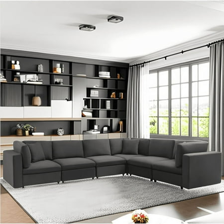 Mixoy Velvet Large L-Shaped Sectional Sofa with Back Cushion,6-Seater Convertible Modular Sofa and Couch,Oversized Sleeper Sofa Couch Bed for Living Room ( Dark Grey)