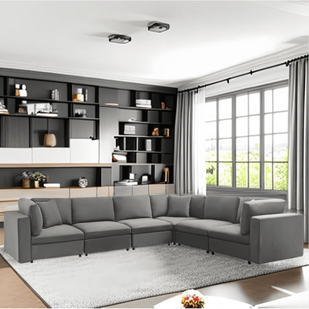 Mixoy Velvet Large L-Shaped Sectional Sofa Couch,Oversized 6-Seater Modular Couch Set for Living Room,Light Grey