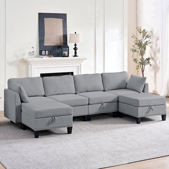 Mjkone U-Shaped Sectional Sofa Couch,Oversized Linen 6-Seater Modular Couch Set for Living Room ( Light Gray)