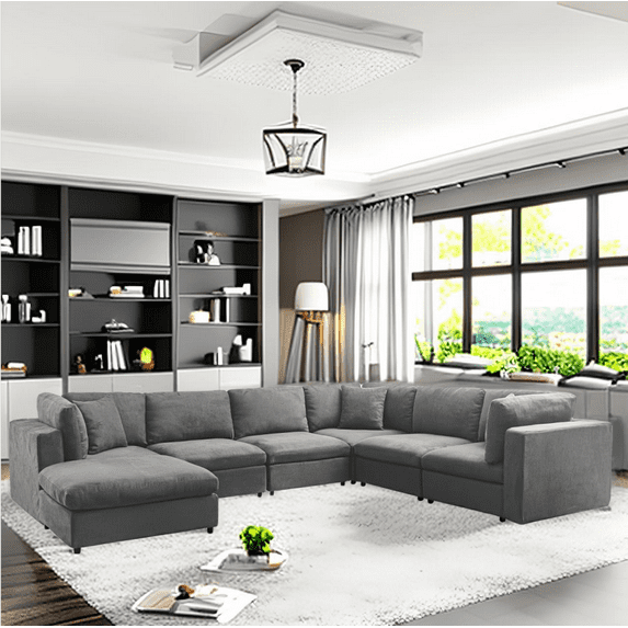 Mixoy Velvet Movable Ottoman Sectional Sofa, Light Gray