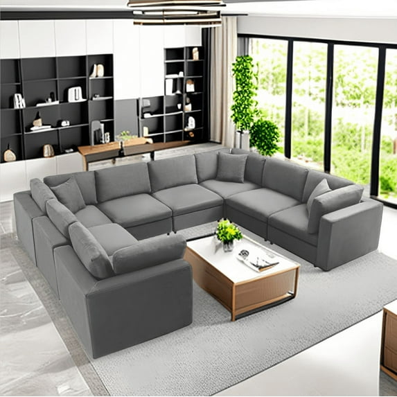 Mixoy Velvet Oversized U Shaped Sectional Sofa with Back Cushion, 8 Seater Convertible Modular Sectional Couches for Living Room (Light Grey)