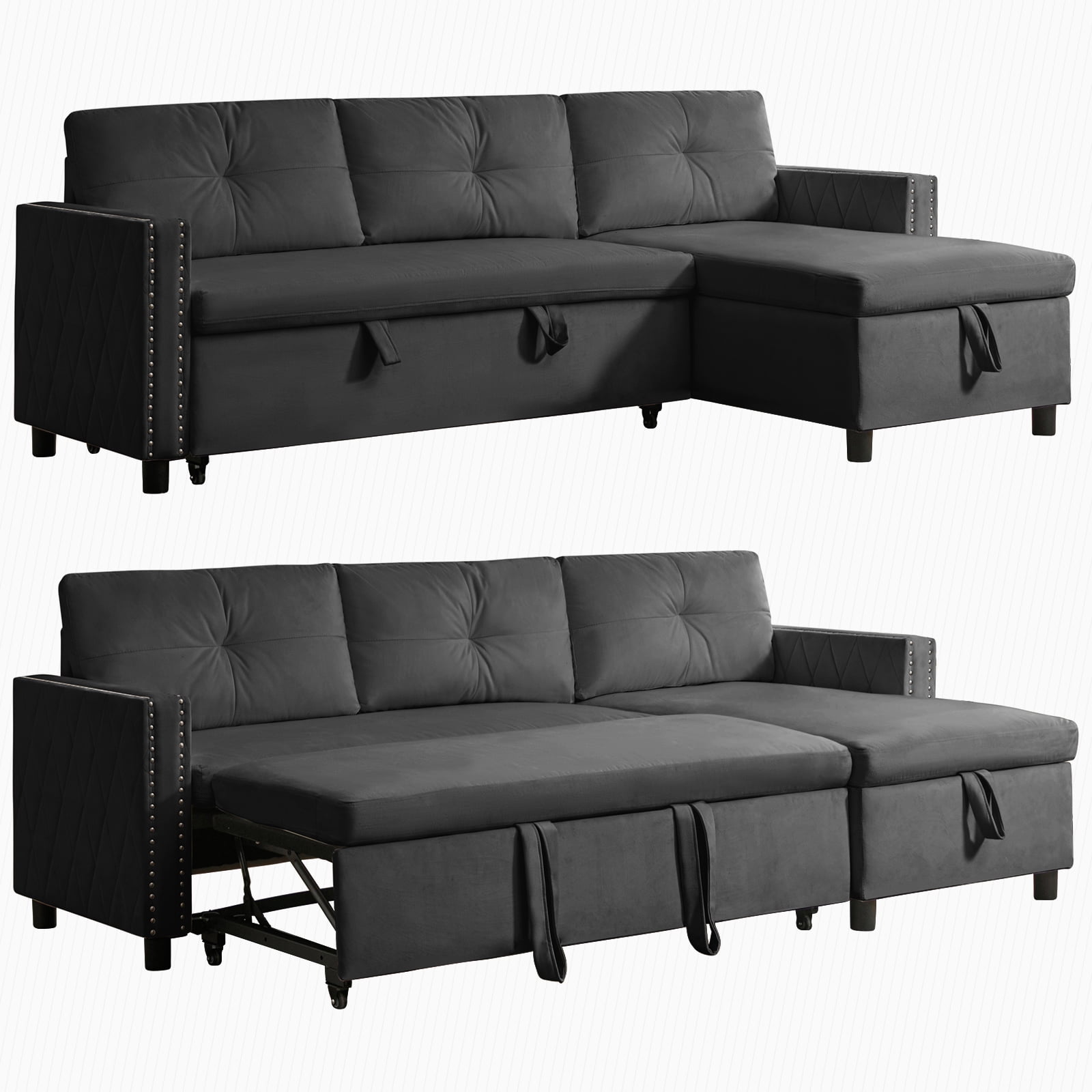 Mixoy Velvet Reversible Pull Out Sofa Bed with Large Chaise Storage,91