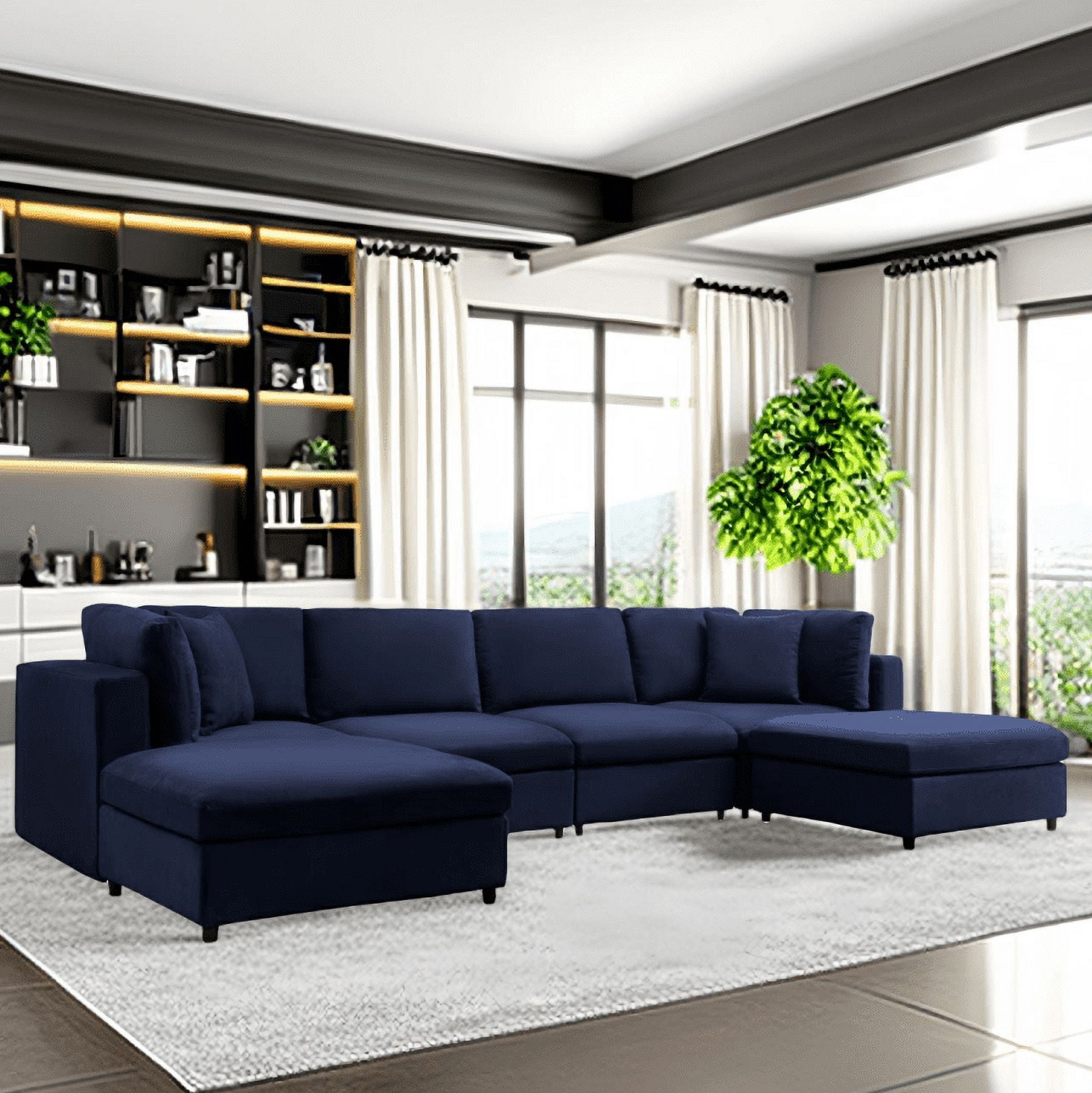 Mixoy Velvet U L Shaped Sectional Couch with Ottoman Oversized 6 Seater Sofa Set for Living Room Navy Blue Size Combination 4
