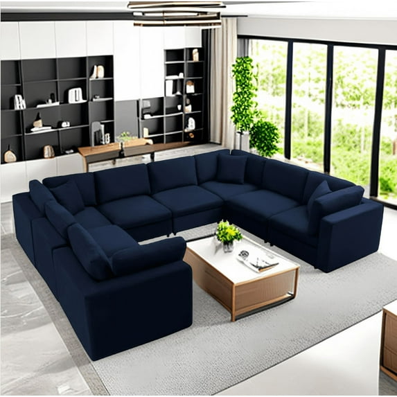 Mixoy Velvet U Shaped Lagre Sectional Sofa with Back Cushion, Oversized 8 Seater Modular Sectional Couch for Living Room ( Navy Blue)