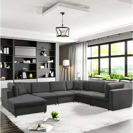 Mixoy Velvet U Shaped Sectional Sofa with Storage, 7 Seater Modular Sectional Sofa with Back Cushion ,Oversized Sleeper Sofa Couch Bed, Convertible Couches for Living Room ( Dark Grey)