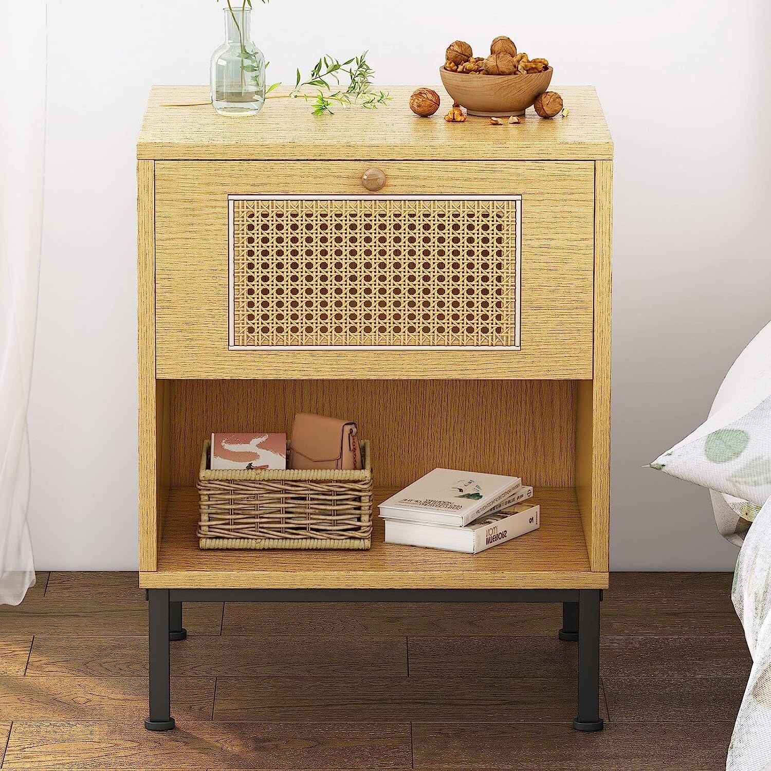 Mixoy Wood Nightstand with Storage Shelf, Functional Bedside Table with