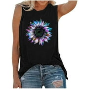 Mixpiju Ladies Loose Summer Tops for Women, Tank Blouses Casual Loose Fit Plus Size Sunflower Printed Tee Shirts on Clearance Black L