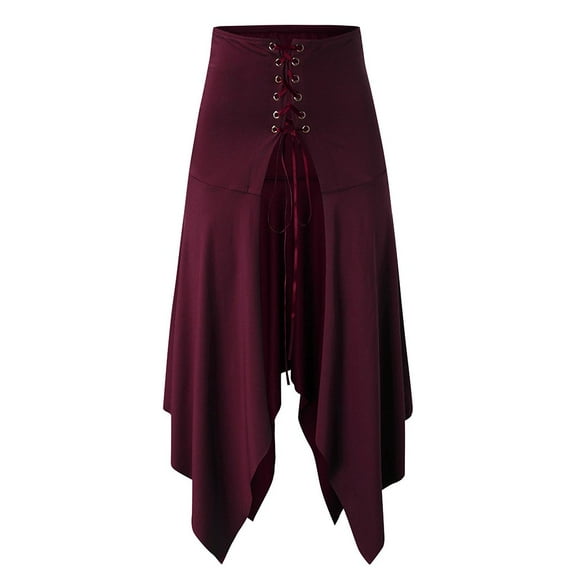 Mixpiju Women Halloween Gothic Punk Asymmetric Lace-up Slit Front Skirt A-Line Skirt Victorian Ruffles Pirate Skirt Wine M