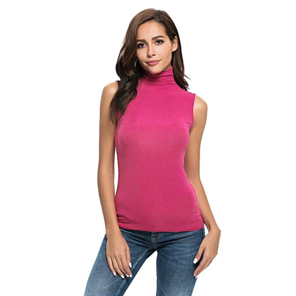 Mixpiju Women's Summer Sleeveless Turtleneck Blouse, Slim Fit Casual ...