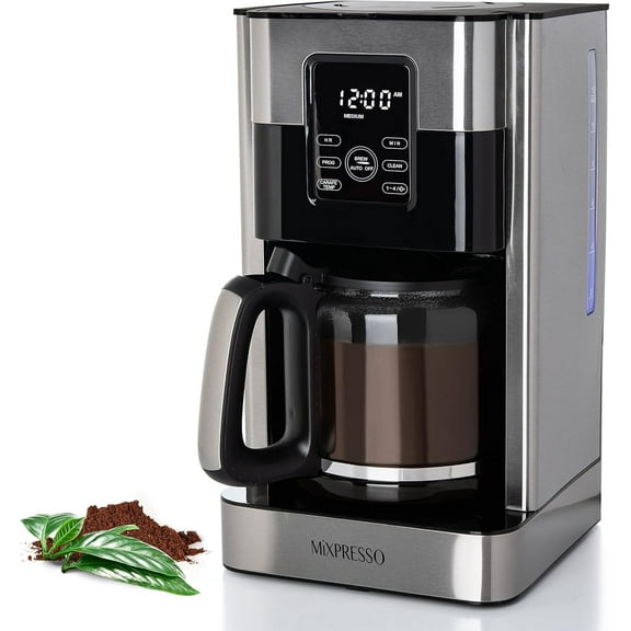 Mixpresso 12-Cup Drip Coffee Maker With Lcd Touch Display, Programmable Coffee Pot Machine, Borosilicate Glass Carafe, Anti-Drip System, Stainless Steel & Black Electric Coffee Maker
