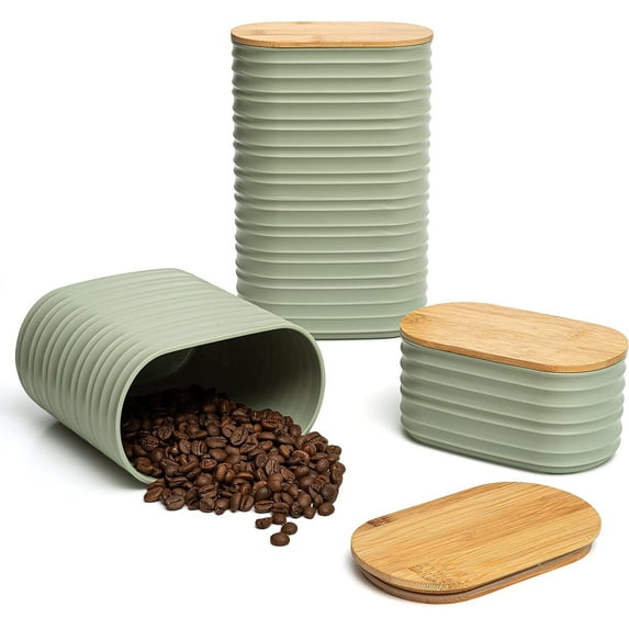 Mixpresso 3 Pcs Olive Green Canisters Sets For The Kitchen, Airtight Plastic Canister With Bamboo Lid, Coffee And Sugar Canister Set, Decorative Sugar Container, Kitchen Decor For Counter