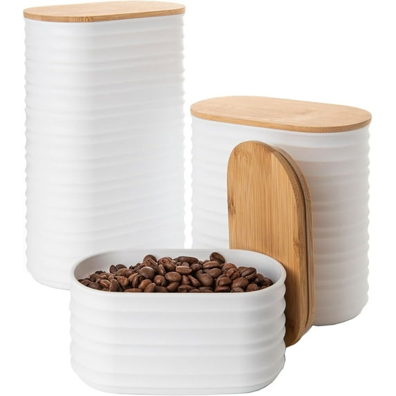 Mixpresso 3 Pcs White Canisters Sets For The Kitchen, Airtight Plastic Canister With Bamboo Lid, Coffee And Sugar Canister Set, Decorative Sugar Container, Kitchen Decor For Counter