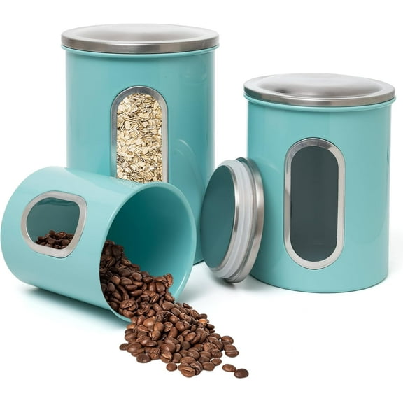 Mixpresso 3-Piece Aqua Blue Canisters Sets For The Kitchen, Airtight Canister Set With See Through Window, Storage Jars for Coffee Container, Tea Organizer & Sugar Canister, Kitchen Canisters