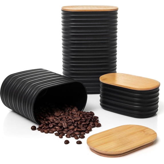 Mixpresso 3 Piece Black Canisters Sets For The Kitchen, Airtight Plastic Canister With Bamboo Lid, Coffee And Sugar Canister Set, Decorative Sugar Container, Kitchen Decor For Counter