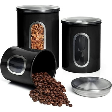 Mixpresso 3 Piece Black Canisters Sets For The Kitchen, Kitchen Jars With See Window, Airtight Coffee Container Tea Organizer & Sugar Canister, Kitchen Canisters Set of 3 Black Kitchen Décor