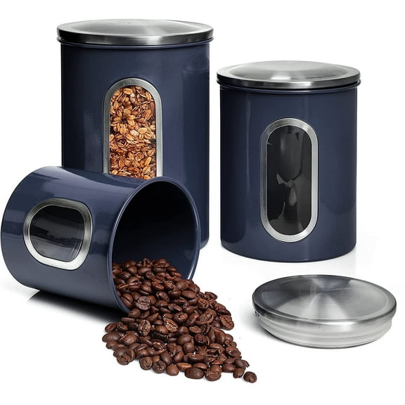 Mixpresso 3 Piece Blue Canisters Sets For The Kitchen, Kitchen Jars With See Through Window, Airtight Coffee Container Tea Organizer & Sugar Canister, Kitchen Canisters Set of 3 Blue Kitchen Decor.