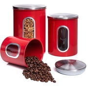 Mixpresso 3 Piece Red Canisters Sets For The Kitchen, Kitchen Jars With See Through Window, Airtight Coffee Container Tea Organizer & Sugar Canister, Kitchen Ca