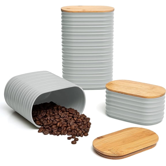 Mixpresso 3 Piece Set Of Airtight Plastic Canister With Bamboo Lid, Canisters For Kitchen Counter, Coffee And Sugar Canister Set, Decorative Sugar Container, Kitchen Decor For Counter (Light Grey)