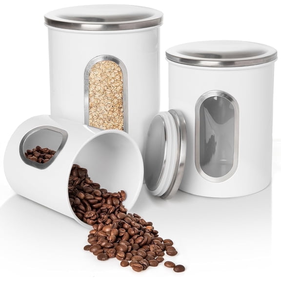 Mixpresso 3 Piece White Canisters Sets For The Kitchen, Kitchen Jars With See Through Window, Airtight Coffee Container Tea Organizer & Sugar Canister, Kitchen Canisters Set of 3 White Kitchen Decor.