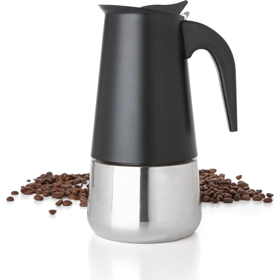 Mixpresso 6 Cup Greca Stovetop Espresso Maker 10oz, Moka Pot with Coffee Percolator Design, Stainless Steel Stove Top Coffee Maker for Camping or Home, Italian Coffee Maker Stovetop, Black Coffee Pot