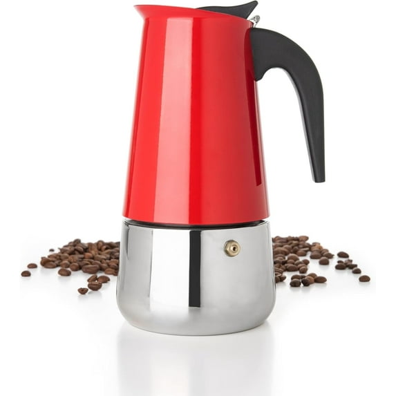 Mixpresso 6 Cup Greca Stovetop Espresso Maker 10oz, Moka Pot with Coffee Percolator Design, Stainless Steel Stove Top Coffee Maker for Camping or Home, Italian Coffee Maker Stovetop Red Coffee Pot