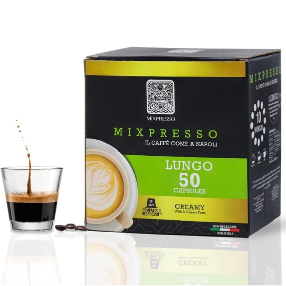 Mixpresso Coffee Espresso Capsules Compatible With Nespresso Original Brewers Single Cup Coffee Pods 100% from Italy Dark Roast Espresso, 50 Count Coffee Capsules - Lungo Intensity - 10/12