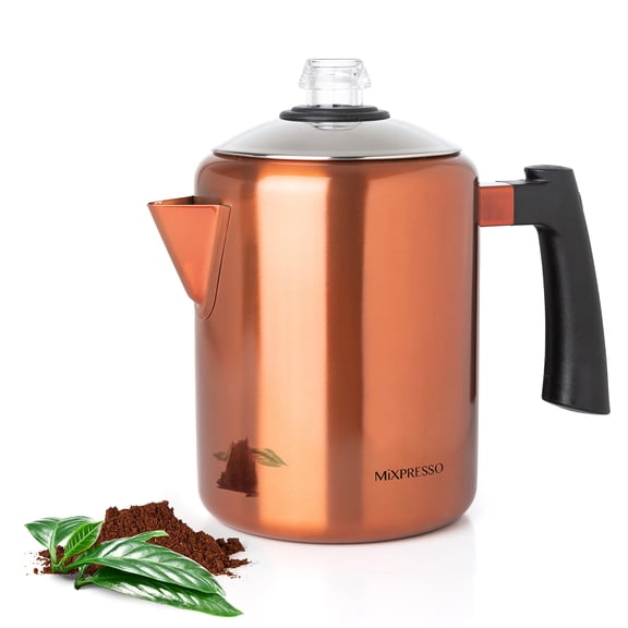 Mixpresso Copper Stainless Steel Coffee Percolator Stovetop, 37oz Classic Percolator Coffee Pot, Great For Camping Pot, 5-8 Cup Stove Top Espresso Maker, Cool-Touch Handle