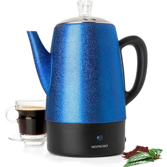 Mixpresso Percolator Coffee Pot Electric 10 Cup, Stainless Steel Coffee Maker, Coffee Percolator Electric With Keep Warm Function, 10 Cups Stainless Steel Perculator With Basket (Shiny Blue)