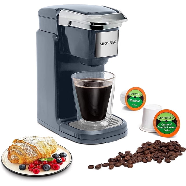 Mixpresso Single Cup Coffee Brewer - Quick Brew, One Touch Function, 12oz One Cup Grey Coffee Maker