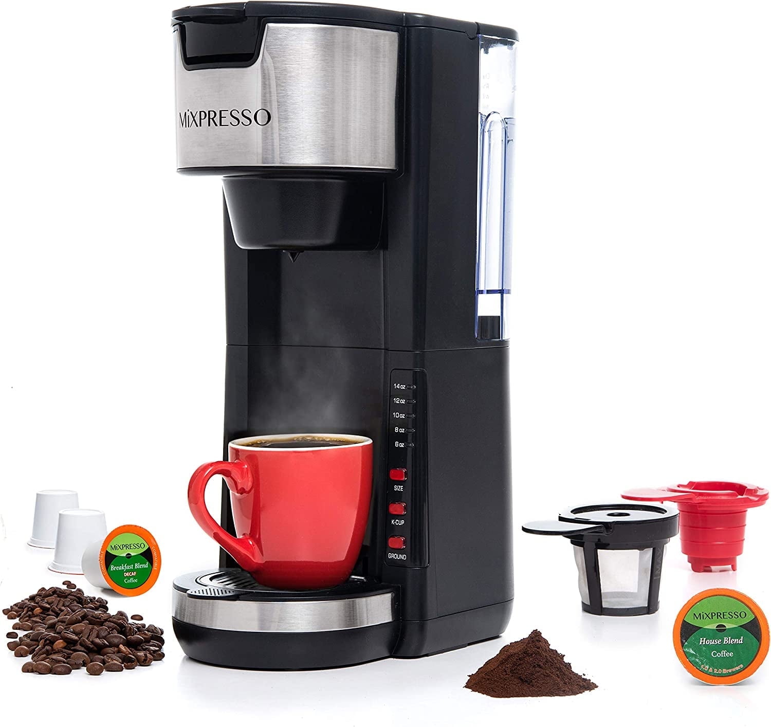Mixpresso Single Serve 2 in 1 Coffee Brewer K-Cup Pods Compatible & Ground Coffee,Compact Coffee Maker Single Serve With 30 oz Detachable Reservoir, 5 Brew Size and Adjustable Drip Tray (Black)
