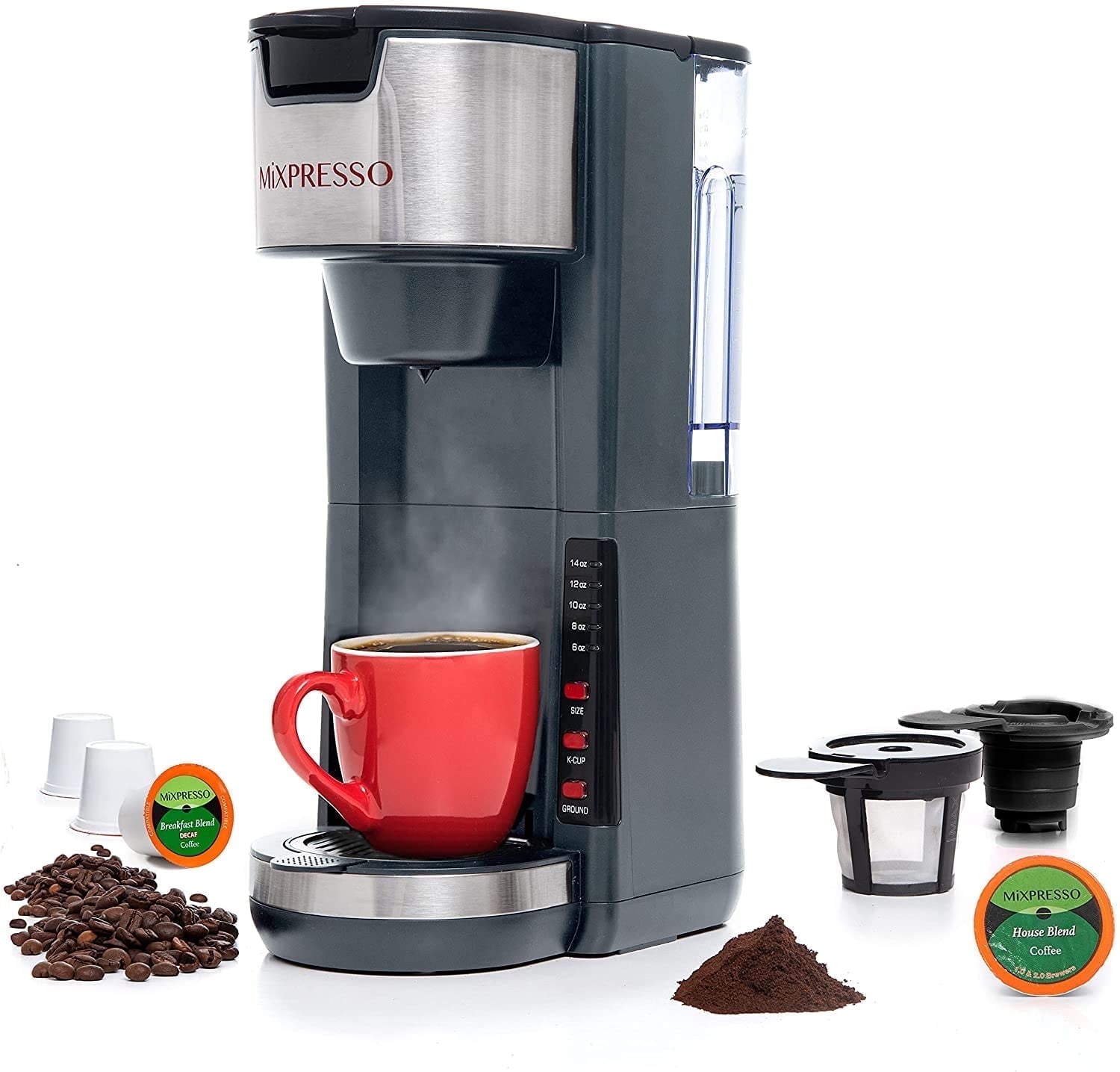 Mixpresso Single Serve Coffee Brewer K-Cup Pods Compatible & Ground Coffee 30 oz (Grey)