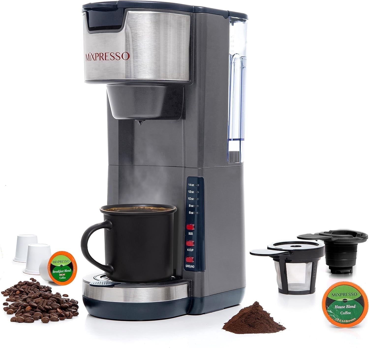 Mixpresso Single Serve Coffee Brewer K-Cup Pods Compatible & Ground Coffee, 30oz Coffee Maker Single Serve 5 Brew Sizes Fits Up To 14Oz Travel Mug, Grey Coffee Maker Adjustable Drip Tray