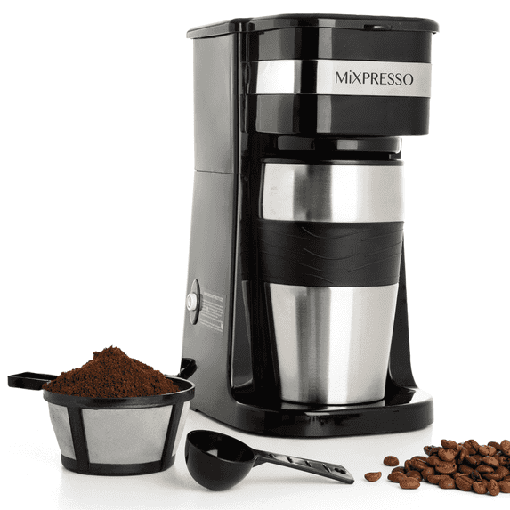 Mixpresso 1-Cup Drip Coffee Maker, Personal Single Serve Coffee Maker & 14oz Travel Mug