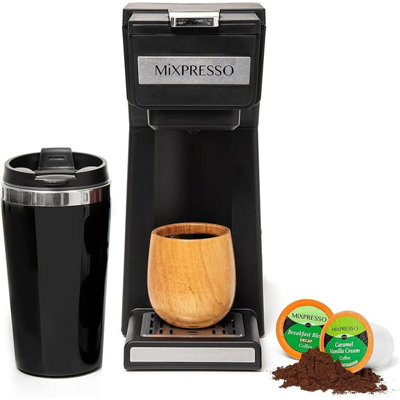 Mixpresso Coffee Maker Single Serve For Ground Coffee & Compatible With K Cup Pods, With 14oz Travel Mug & Reusable Filter For Home, Office & Camping.