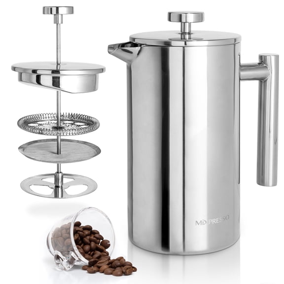 Mixpresso Large Stainless Steel French Press,  Double Wall Insulated, Mirror Finish, 50 Oz 1500ml