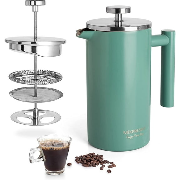 Mixpresso Stainless Steel French Press Coffee Maker 26 Oz 770 Ml Double Wall Metal Insulation Coffee Press & Tea Brewer Easy Clean & Easy Press, Strong Quality Coffee Press, Green Small French Press