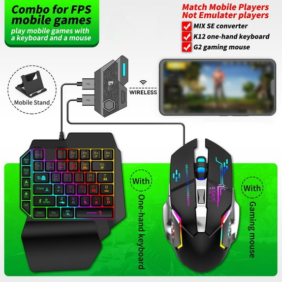 Mixse Bluetooth Mobile Game Keyboard & Mouse Converter for Android & iOS | Automatic Gun Pressing Assistant | Compatible with Chicken Eating Games | Full Gaming Set with Keyboard, Mouse & Converter