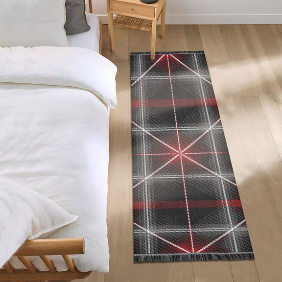 Mixture Color Plaids with White Lines Bedside Runner Rug 2'x 6' Non Slip Carpet Floor Mat Area Rug