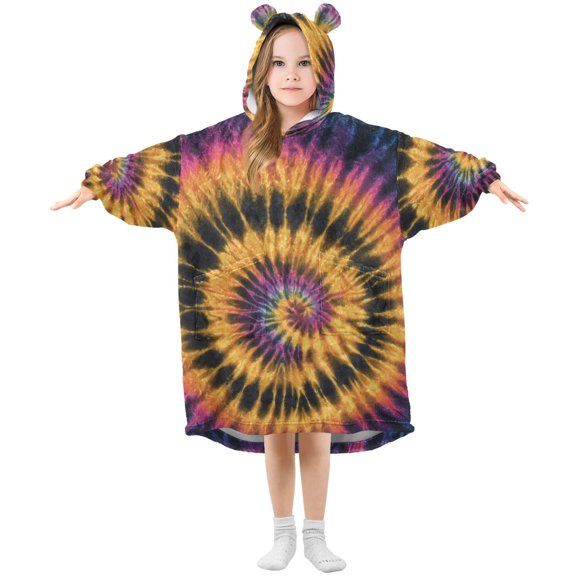 Mixture Color Spiral Tie Dye Flannel Wearable Blankets Hooded Design Long Sleeves Wrap Unisex for 3T-14Y M